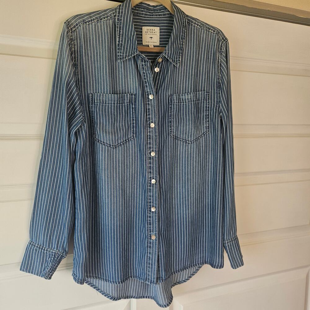 Serra Retreat Joie Rucker Striped Lyocell Denim Button Down Shirt Medium M